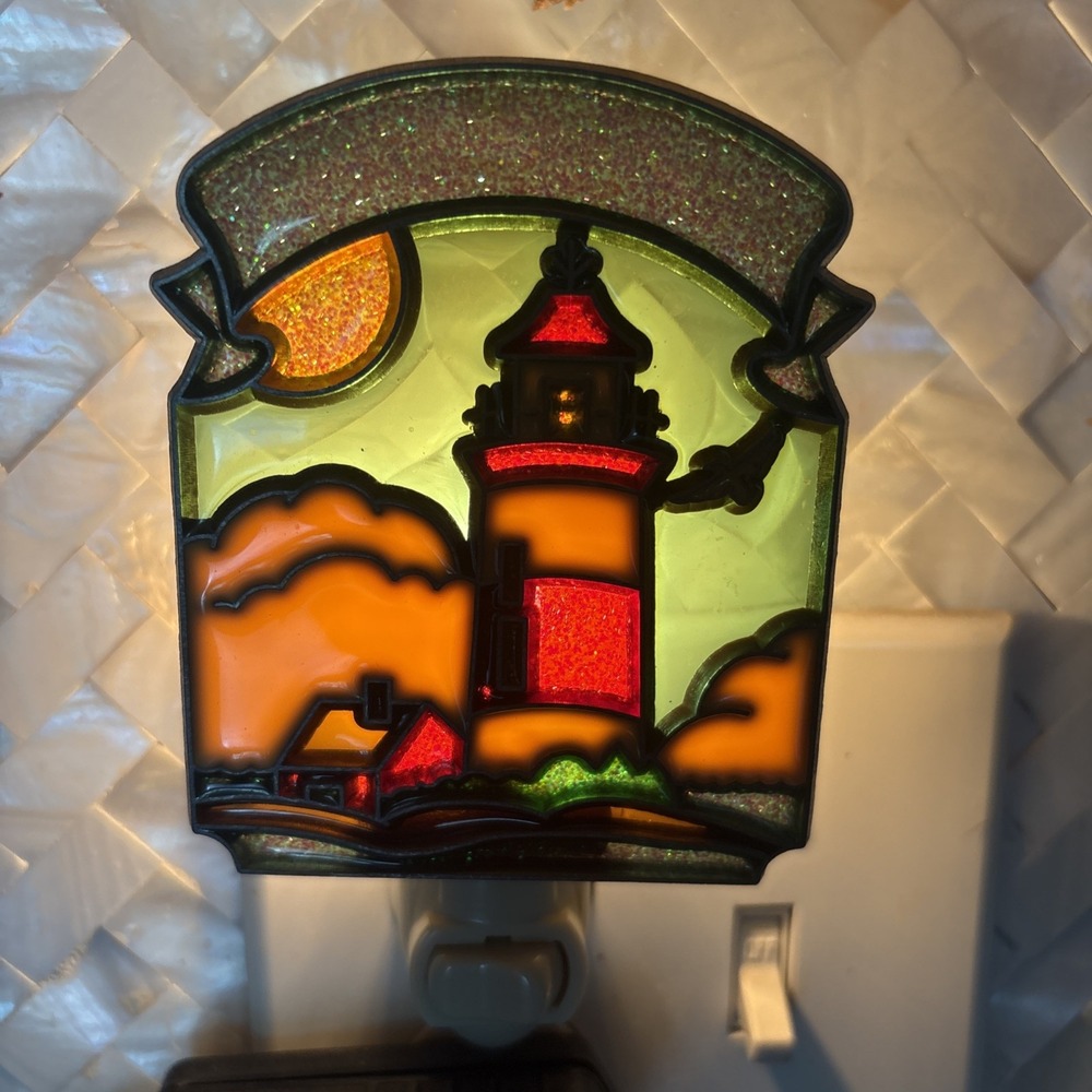 Coastal Lighthouse Stained Glass Style Design Night Light Wall Plug In Nautical